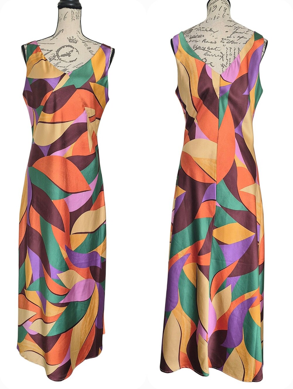 Joie Satin Abstract V Neck Sleeveless Maxi Slip Dress M Multicolor Y2K Retro